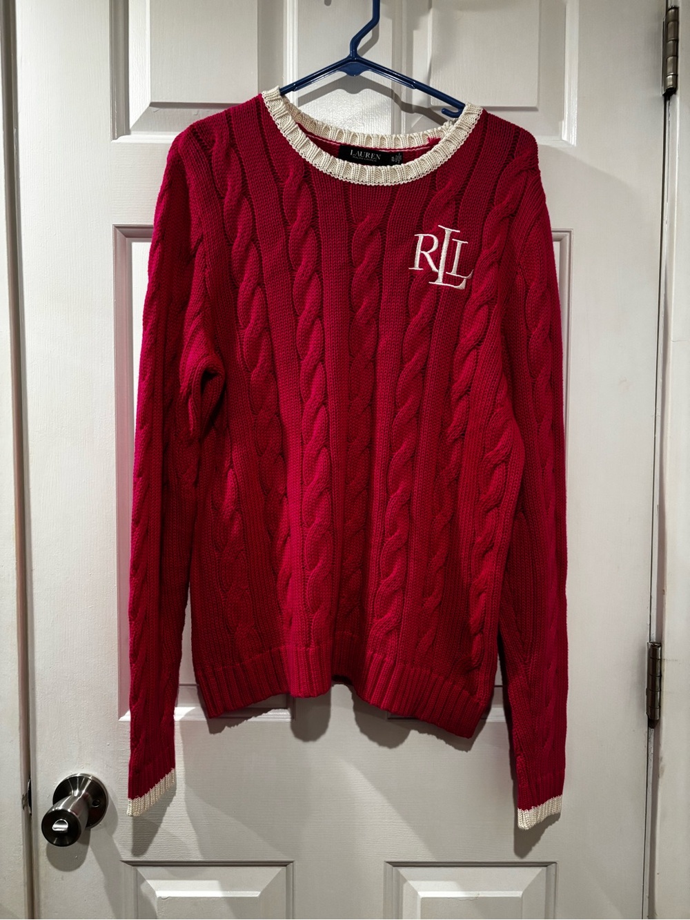 Lauren Ralph Lauren Bright Pink Cable-Knit Crew Sweater with White Trim